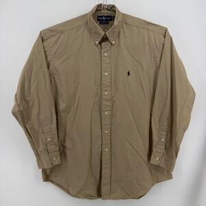 Ralph Lauren Button Down Men L Tan Solid Cotton Blake Pony Logo Long Sleeve